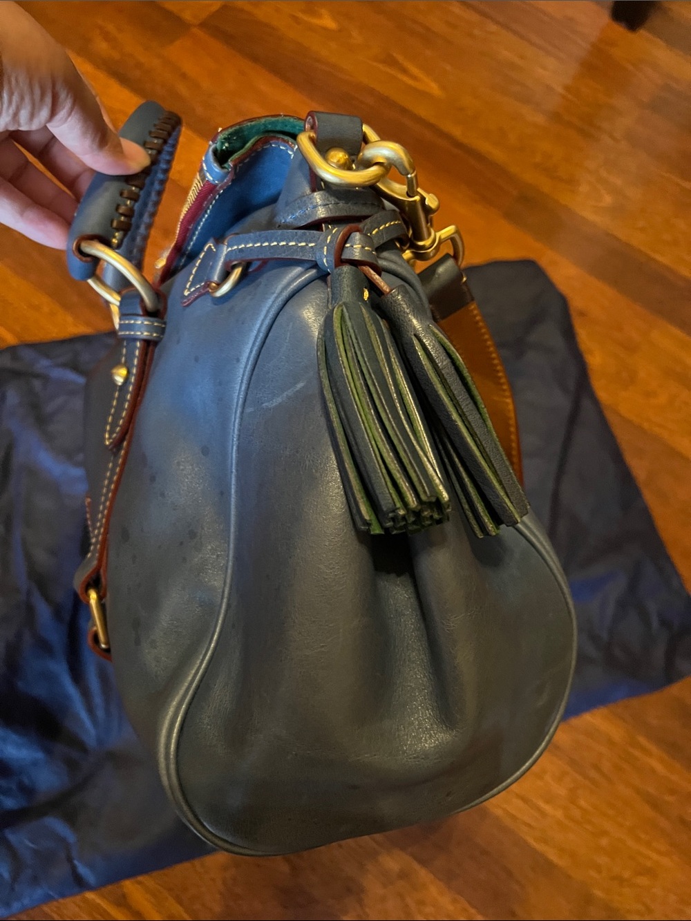 Dooney & Bourke Navy Leather Duffel with Tan Trim - Picture 7 of 8